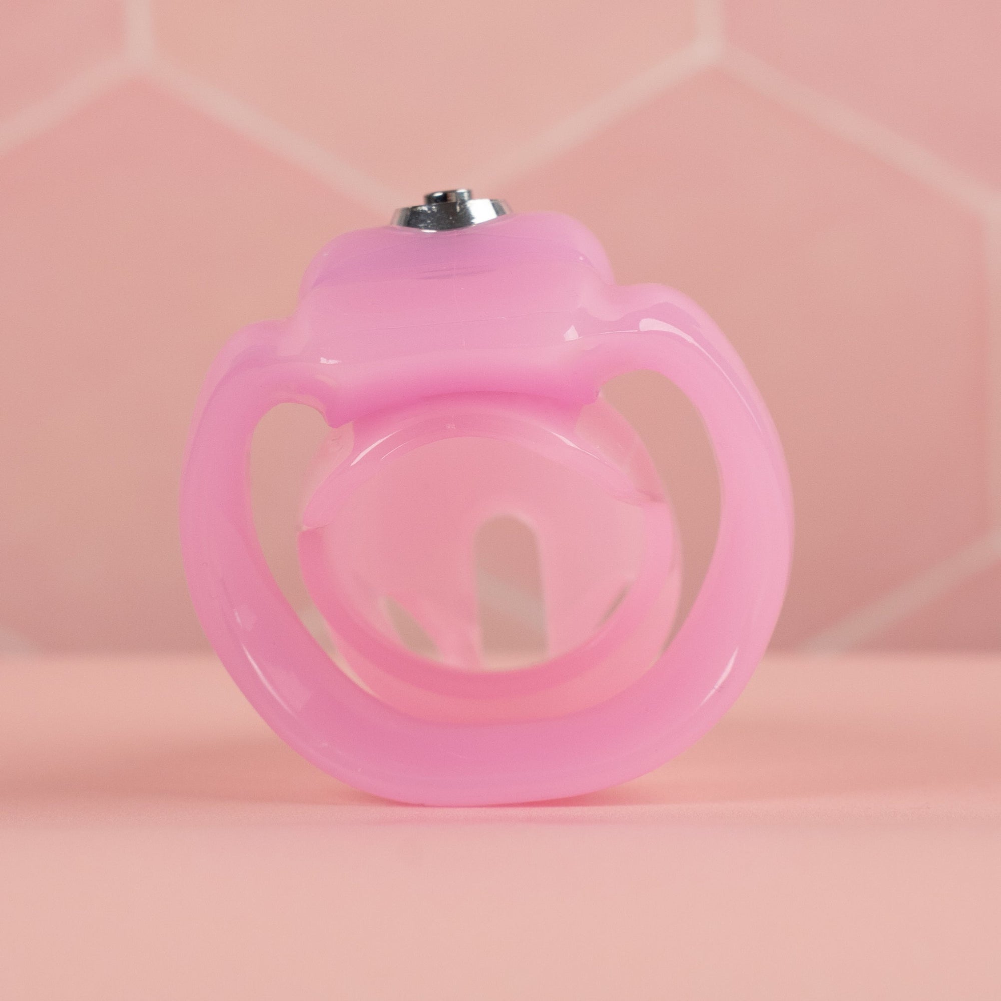 A rear view of the HT V5 chastity cage, you can see the shape of the base ring from this angle.