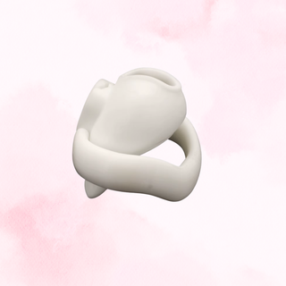 A side angled view of the chastity cage, it sitting on the back of the chastity cage.