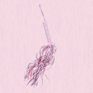 The pink and white soft tasseled whip shown on a pink background