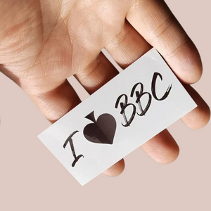 An alternate view of the I Love BBC temporary tattoo, it has been flipped to show how it will appear on the skin.