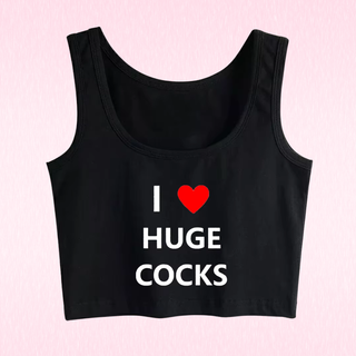 The black version of the sleeveless crop top with the words I love huge cocks printed on the front.
