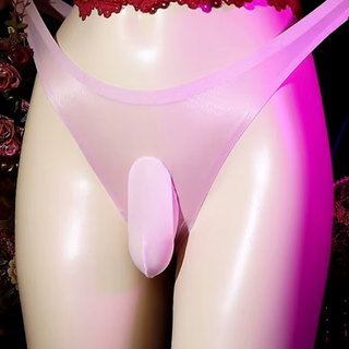The panties shown in pink, the stretch is being shown and the penis pouch is clear to see.