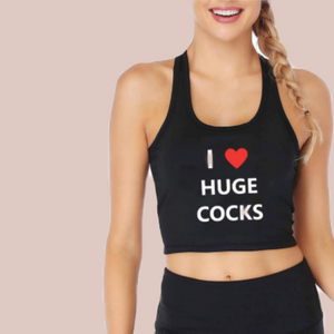The black version of the sleeveless crop top with the words I love huge cocks printed on the front.