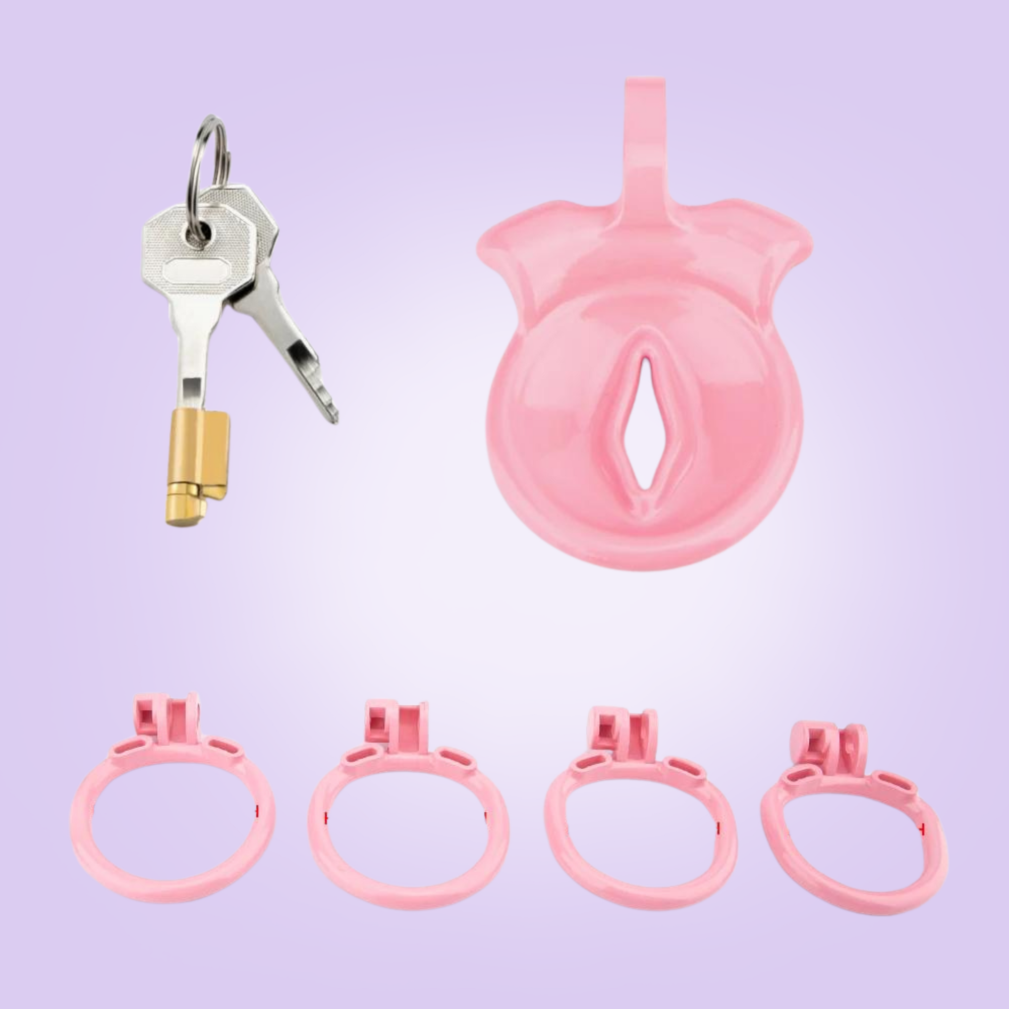 The kit that comes with the Inverted Sissy Pussy chastity cage, shown are the Design 2 cage, 4 x base rings, integral lock and 2 keys.