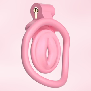 The pink Inverted Sissy Pussy Design 2 chastity cage shown fully assembled on a pink background