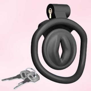 The black chastity cage shown fully assembled, with the two keys on a pink background