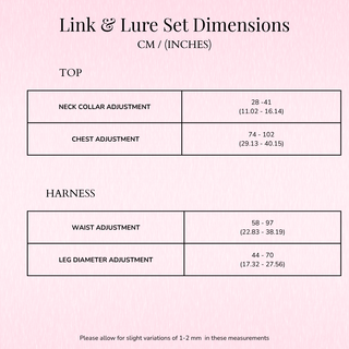A pink informational chart titled 'Link & Lure Set Dimensions CM / (INCHES)' showing measurement tables for top adjustments and harness adjustments with numeric ranges in centimeters and inches.