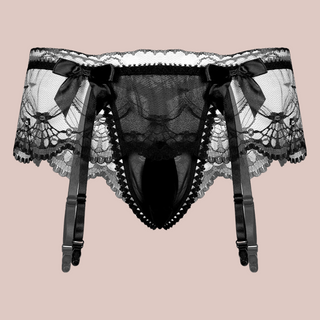 A close up of the black suspender belt and panties set for men, you can see how delicate the lace is and the pretty matching black bows.