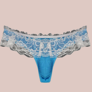 The black lace skirt style Tanga panties, you can see the blue brief and white  lace skirt effect overaly.