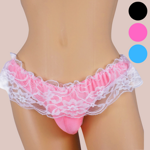 These knickers are the perfect underwear for men, sissy, LGBTQ, in baby pink, they have a penis pouch and a white thick lace skirt style panel.