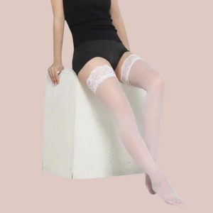 The white lace top stockings shown being modelled.