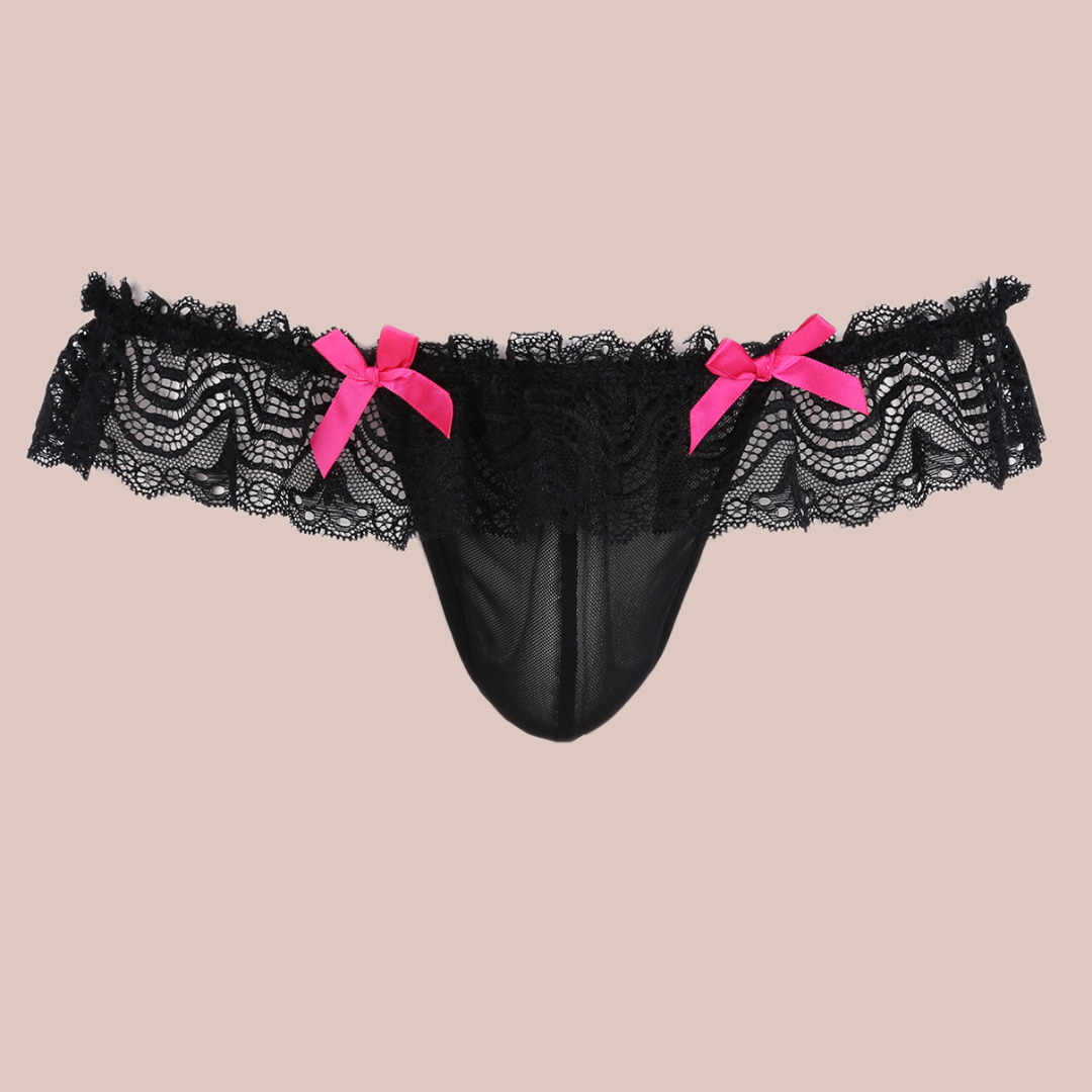 Low rise hip style knickers with deep lace skirt, penis pouch and two decorative pink bows.
