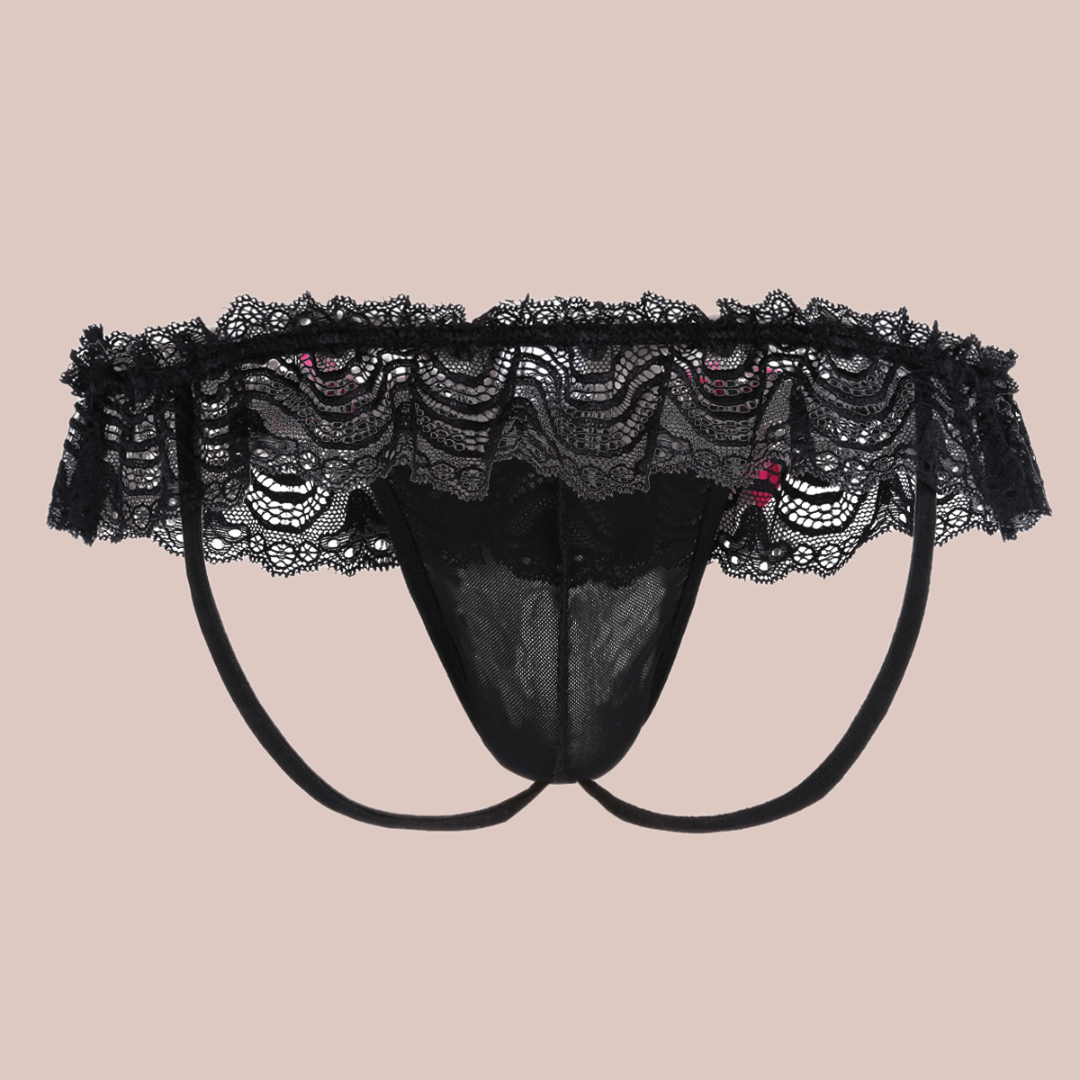 Rear view of low rise hip style knickers with deep lace skirt, penis pouch and two decorative pink bows.