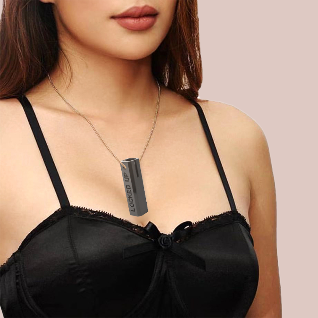 The Locked Up key safe shown as a necklace, there are many ways for the holder to carry the key safe.
