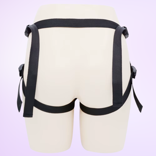 A rear view of the harness, it is shown on a model.