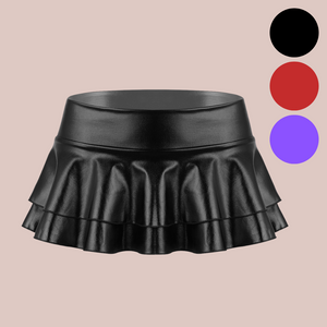 Black metallic double layered mini skirt, this is a large sized skirt to fit larger sizes. The black, red and purple circles on the right denote the colours that this skirt is available in.