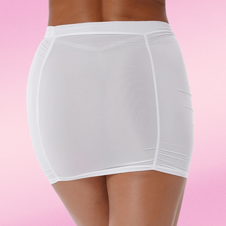 White stretch skirt worn by a person on a pink background