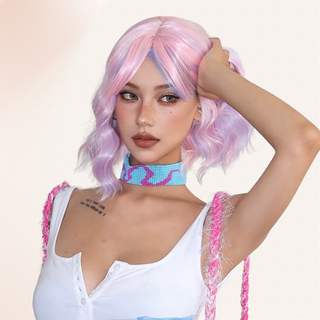 the model showing the wig with the long fringe open and loose waves falling to her shoulder