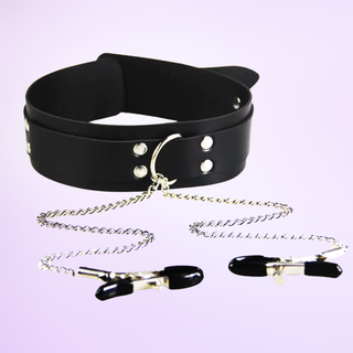 The black collar and nipple clamps shown on a purple background