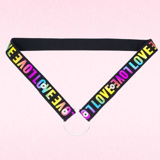 The two-point chastity belt with multi-colour LOVE motif  on a pink background