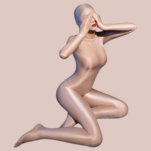The beige nylon body suit with hood from House Of Chastity, you can see that the suit is shown on the model and you can see that it covers her hands.