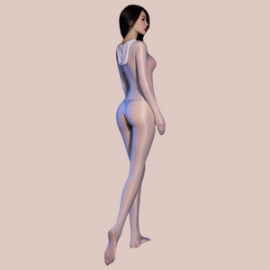 A rear view of the white nylon body stocking from House Of Chastity, the model has the hood off.