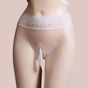 A close up image of the white nylon tights with lace waistband from House Of Chastity. It has open or closed crotch options.