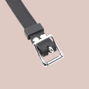 a close up of the o ring gag buckle, you can see that the buckle is lockable with a padlock.