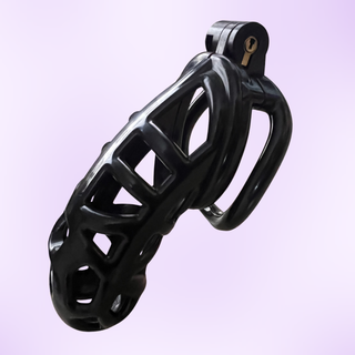 A side profile of the fully assembled chastity cage on a purple background