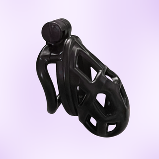 A side profile of the nano chastity cage on a purple background