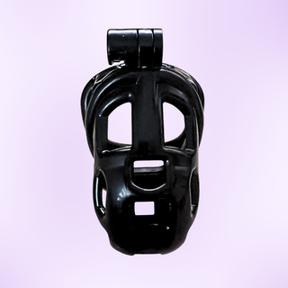 A front on view of the chastity cage on a purple background