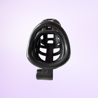 An internal view of the chastity cage, it is shown on a purple background.