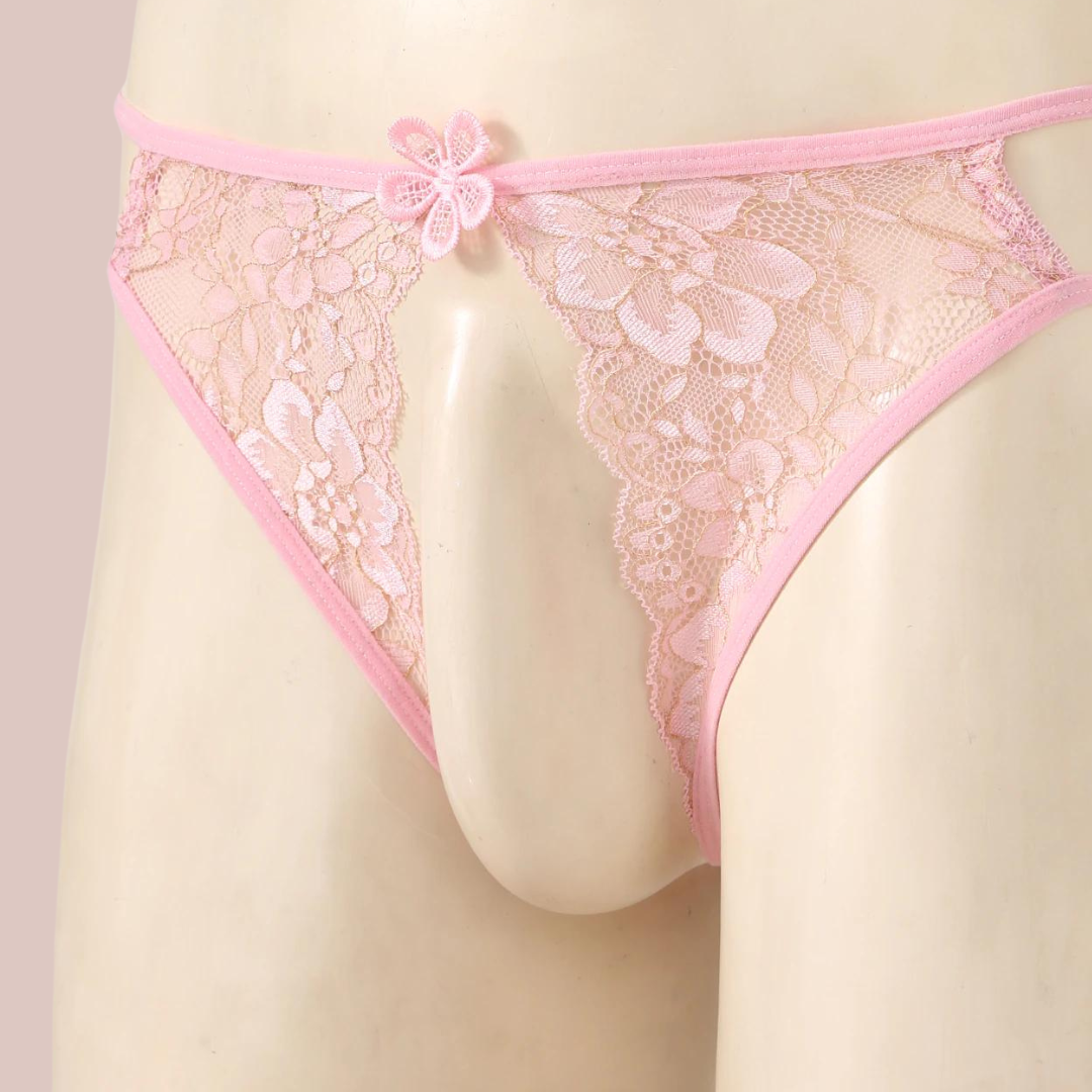 The Pink Lace Flower crotchless panties from House Of Chastity shown on a model. 