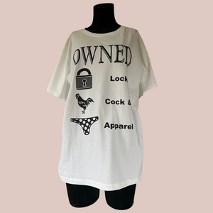 The Owned t-shirt shown on a mannequin, you can see that it says OWNED at the top, then below is Lock, Cock and Apparel with images to match.