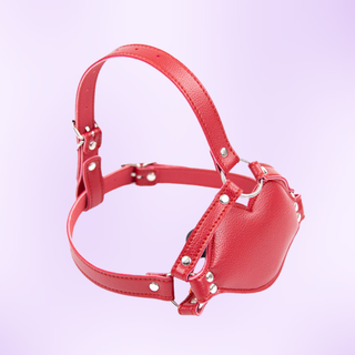A bright red PVC dildo head gag, you can see from the image how the gag fits around the head, it has adjustable straps and a dildo is attached to the inside of the mouth gag.