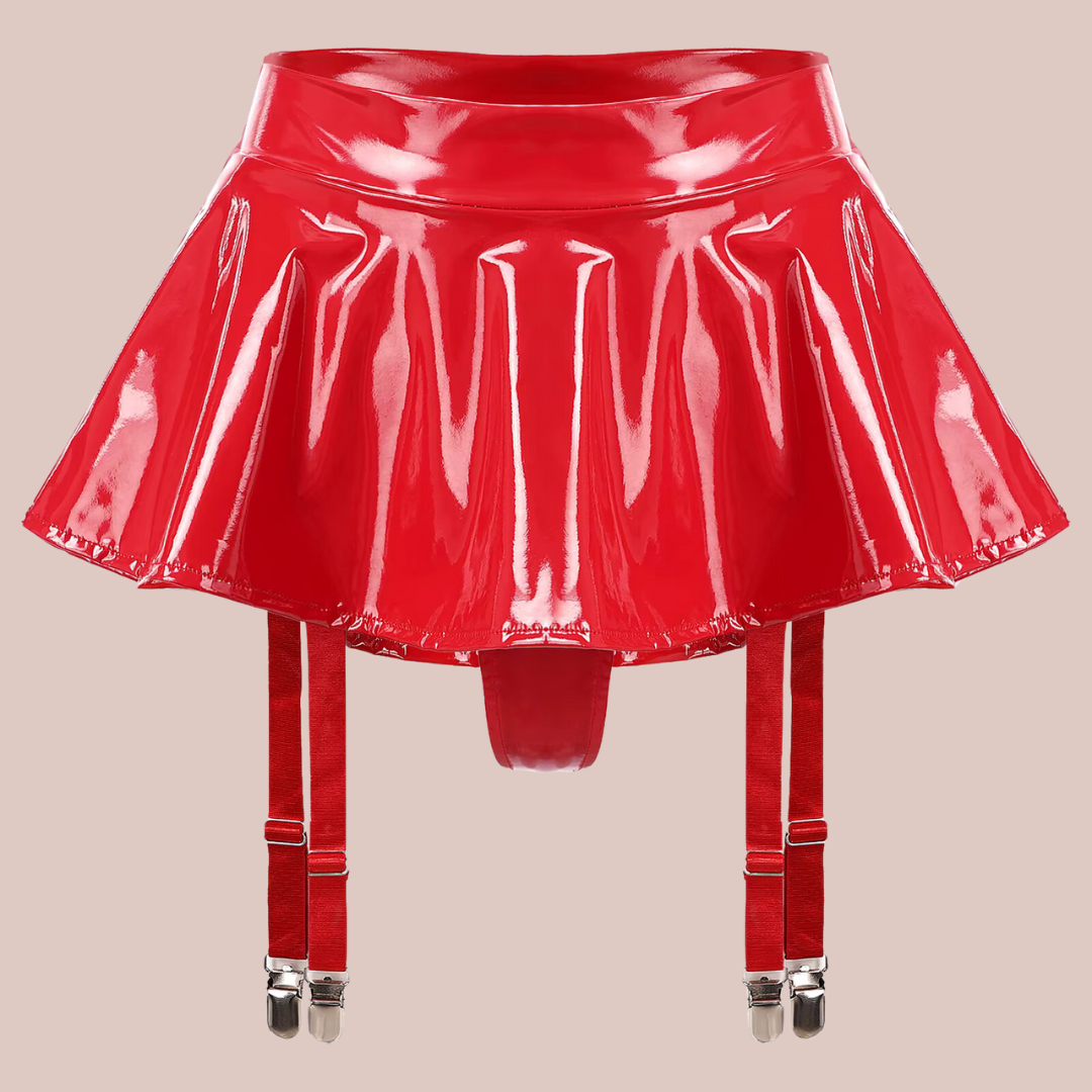 PVC Mini Skirt With Built-In Panties And Suspenders