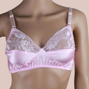 A full front view of the silk and lace bra, it shows the half lace, half silk cups, elasticated chest ban and adjustable straps.