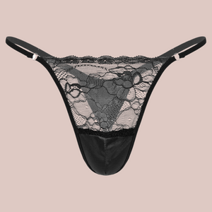 A front view of the patchwork panties, they have a lace top panel and black  bottom panel. 