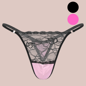 A front view of the patchwork panties, they have a lace top panel and pink bottom panel. It is available in two colours black or pink