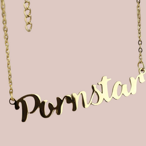 The Pornstar necklace shown hanging, you can see just how simple the necklace is but what an impact it will make.