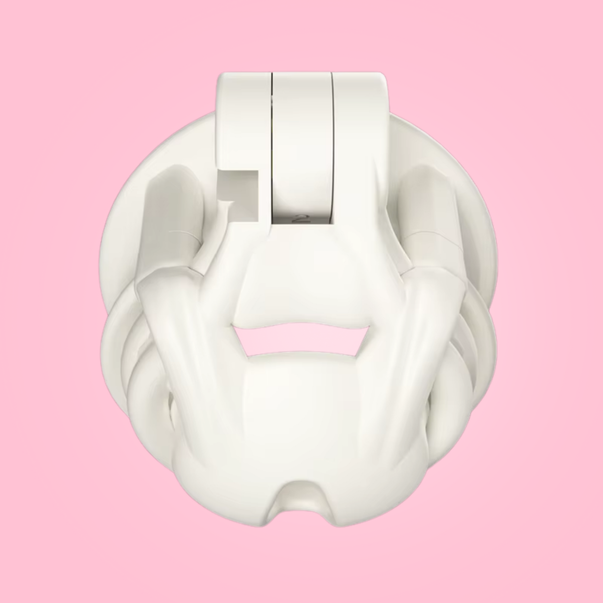 A front view of The Python chastity cage in white from House Of Chastity, it is shown here fully assembled.