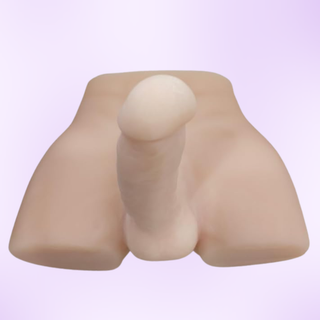 An underside view of the torso on a purple background