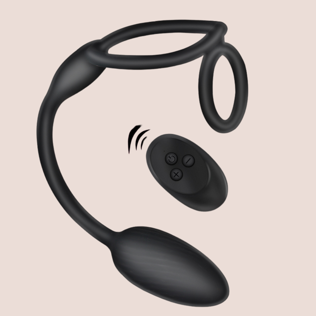 An image of the cock ring and anal plug, alongside the remote control.