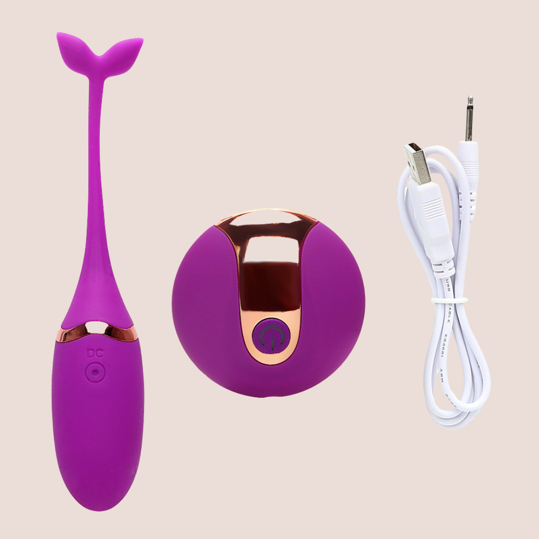 The egg is shown here with its emote control and charging cable.