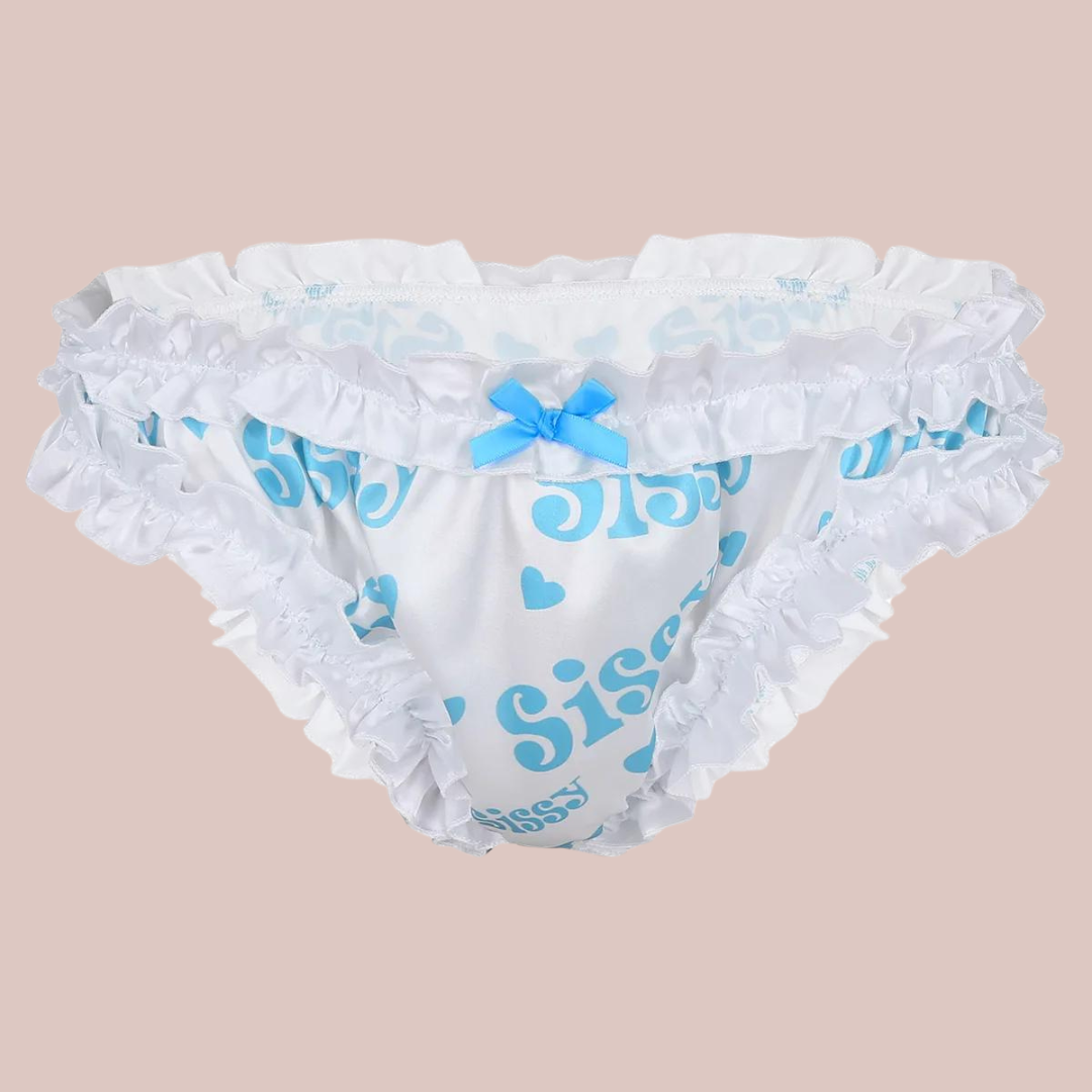 White satin bikini panties, with ruched edging, blue sissy and heart printed detail and a small blue satin bow.
