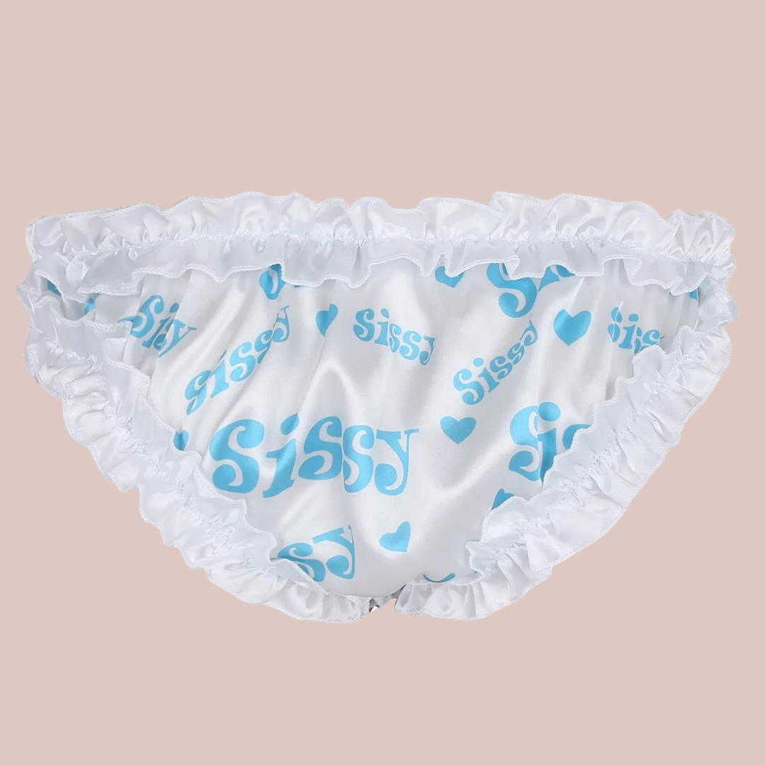 The rear view of the blue Sissy Panties, you can see how the motif carries across the back and the ruched edging.