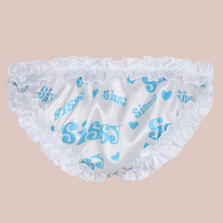 The rear view of the blue Sissy Panties, you can see how the motif carries across the back and the ruched edging.