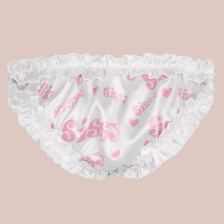 The rear view of the pink Sissy Panties, you can see how the motif carries across the back and the ruched edging.