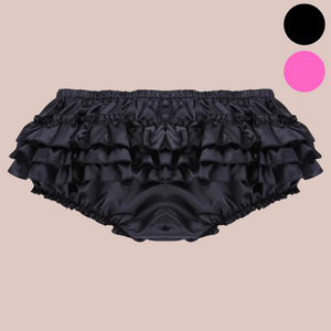 A front view of the satin layered panties, you can see the layered frills to the panties.This image is of the black panties.