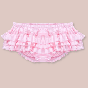 A front view of the satin layered panties, you can see the layered frills to the panties.This image is of the pink panties.